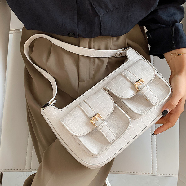 Geantă de damă modernă din piele ecologică cu buzunare frontale