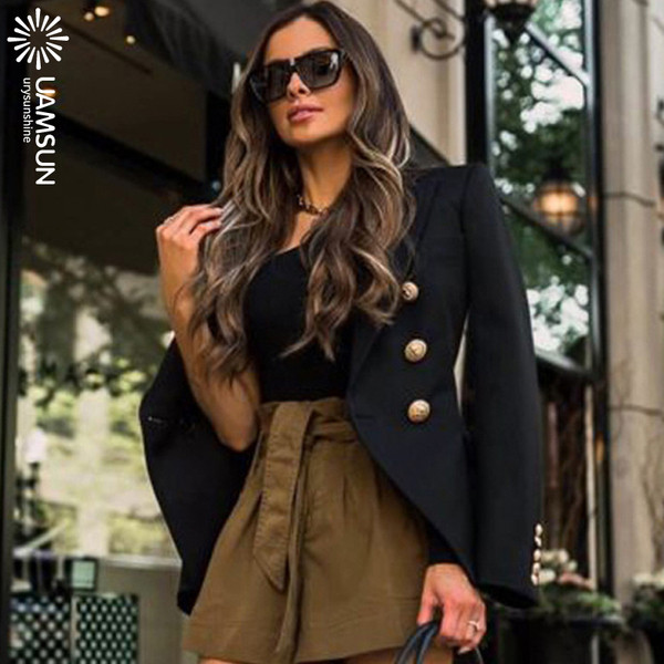 Modernus moteriškas švarkas su sagomis ir ilgomis rankovėmis