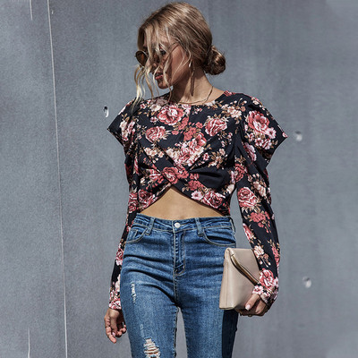 Moderna sieviešu īsā blūze ar garām piedurknēm un dzīvnieku rakstu