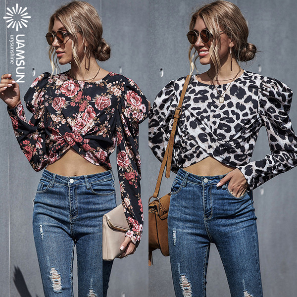 Moderna sieviešu īsā blūze ar garām piedurknēm un dzīvnieku rakstu