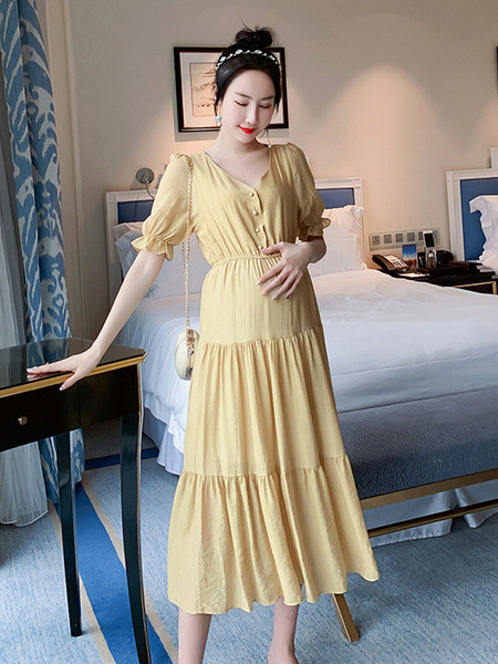 Moderna sieviešu garā kleita ar špica kakla izgriezumu un īsām piedurknēm grūtniecēm