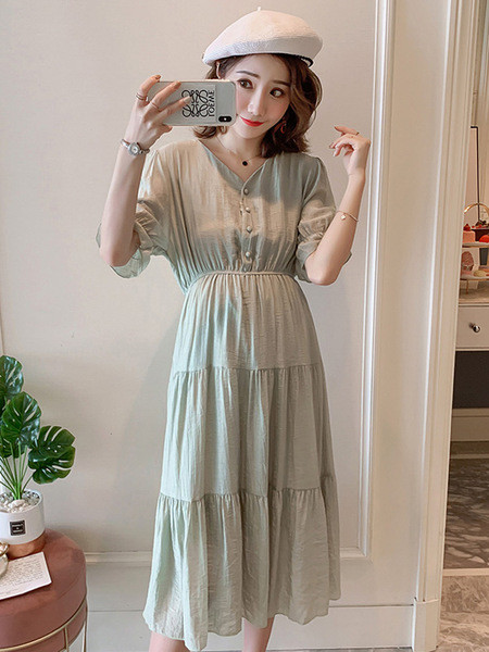 Moderna sieviešu garā kleita ar špica kakla izgriezumu un īsām piedurknēm grūtniecēm