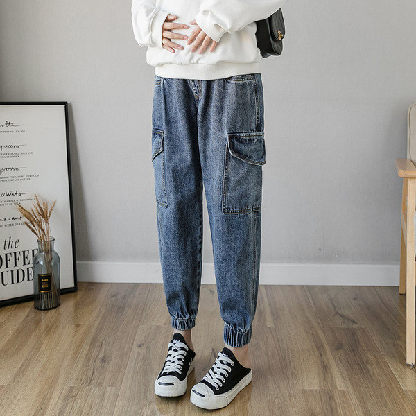 Μοντέρνα γυναικεία μακριά φαρδιά τζιν με ελαστικό  στο αστράγαλο για εγκύους