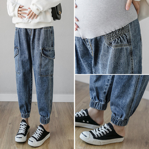 Μοντέρνα γυναικεία μακριά φαρδιά τζιν με ελαστικό  στο αστράγαλο για εγκύους