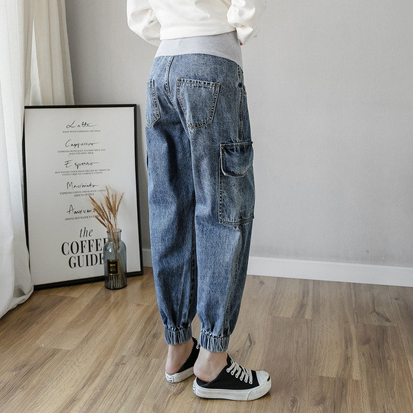 Μοντέρνα γυναικεία μακριά φαρδιά τζιν με ελαστικό  στο αστράγαλο για εγκύους