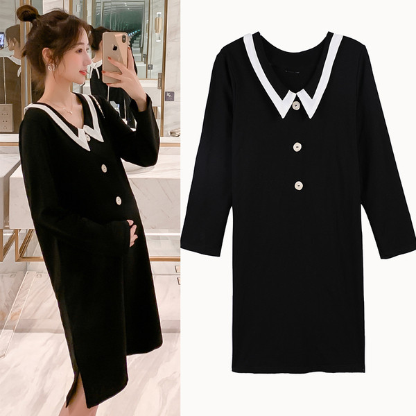 Grūtnieču kleita ar garām piedurknēm un ovālu kakla izgriezumu