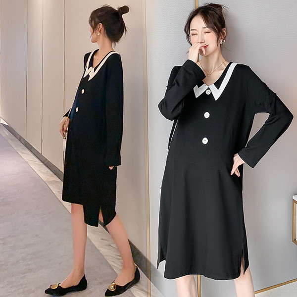 Grūtnieču kleita ar garām piedurknēm un ovālu kakla izgriezumu