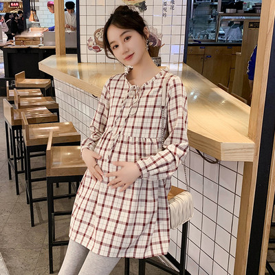 Moteriška languota tunika nėščiosioms ilgomis rankovėmis ir kaklaraiščiais