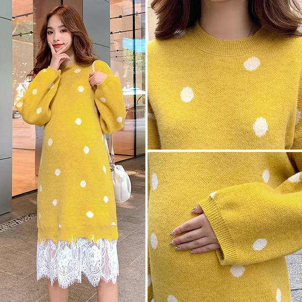 Modern női pöttyös ruha csipkével kismamáknak