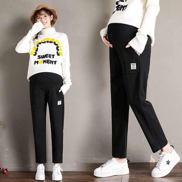 Laisvalaikio moteriškos kelnės nėščiosioms aukštu juosmeniu