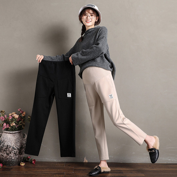 Laisvalaikio moteriškos kelnės nėščiosioms aukštu juosmeniu