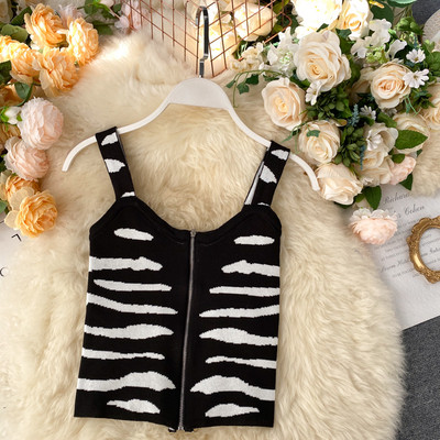 Γυναικεία ρετρό στυλ μπλούζα με φερμουάρ και φαρδιά τιραντάκια