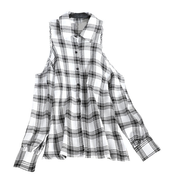 Sieviešu rūtains krekls ar atkailinātiem pleciem melnā un baltā krāsā