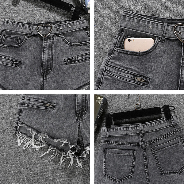 Új modell női rövidnadrág övvel, szakadt motívumokkal szürke színben