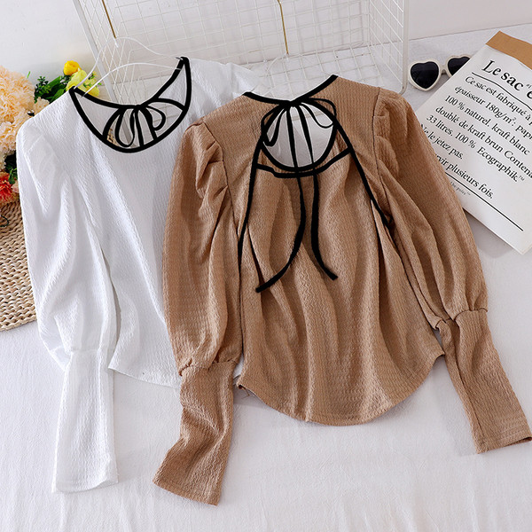 Női ing nyakkendővel és ovális nyakkivágással, fekete, barna és fehér színekben