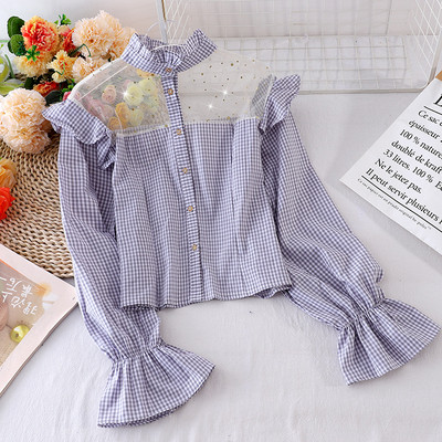 Női kockás ing gombokkal és hosszú ujjú