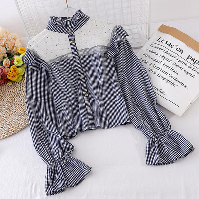 Női kockás ing gombokkal és hosszú ujjú