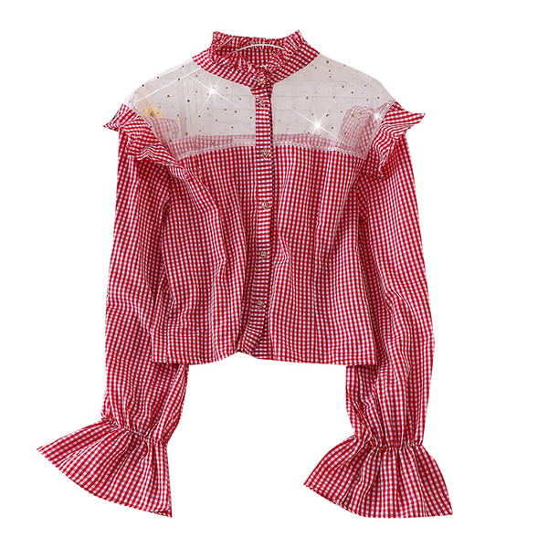 Női kockás ing gombokkal és hosszú ujjú