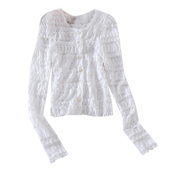 Naiste must-valge nööpide ja ovaalse kaelusega pitssärk