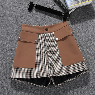 Női kockás női rövidnadrág zsebekkel - magas derék