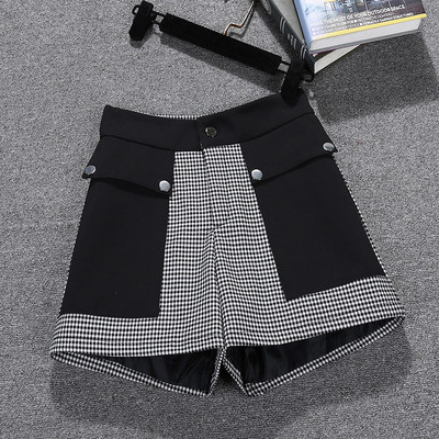 Női kockás női rövidnadrág zsebekkel - magas derék