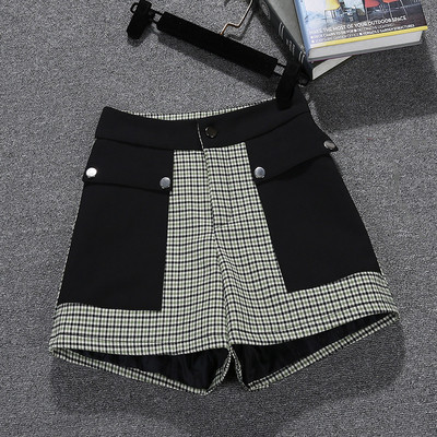 Női kockás női rövidnadrág zsebekkel - magas derék