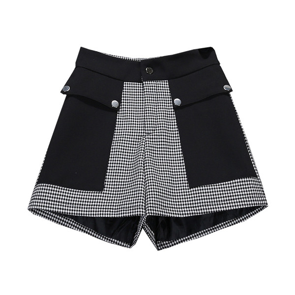 Női kockás női rövidnadrág zsebekkel - magas derék