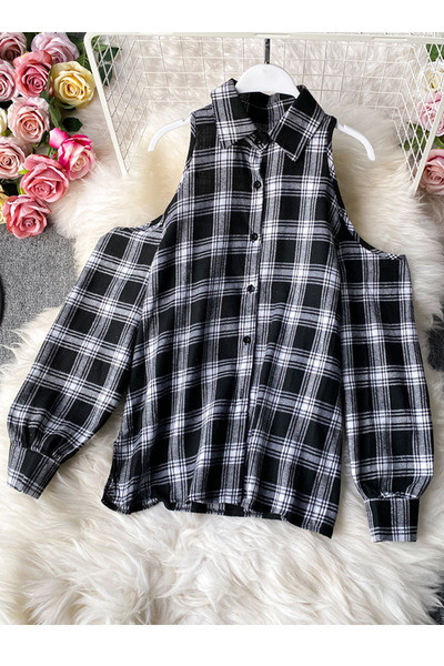 Női kockás ing csupasz vállakat fekete és piros színben