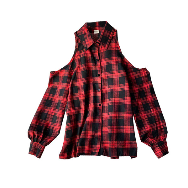 Női kockás ing csupasz vállakat fekete és piros színben