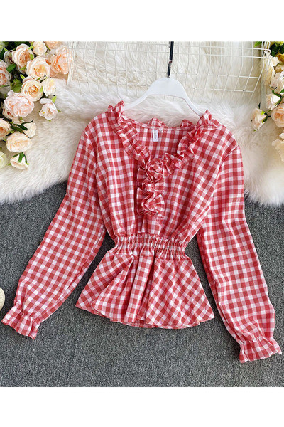 Naiste ruuduline särk elastse vöökoha ja pikkade varrukatega