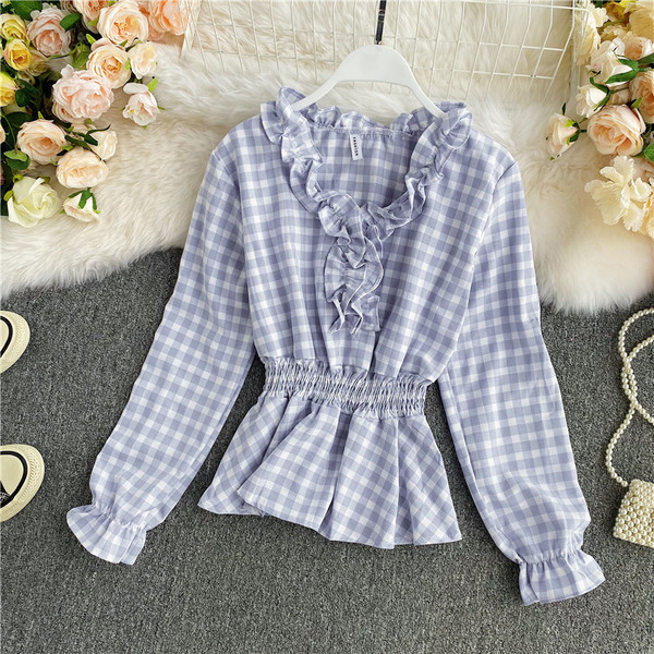 Naiste ruuduline särk elastse vöökoha ja pikkade varrukatega