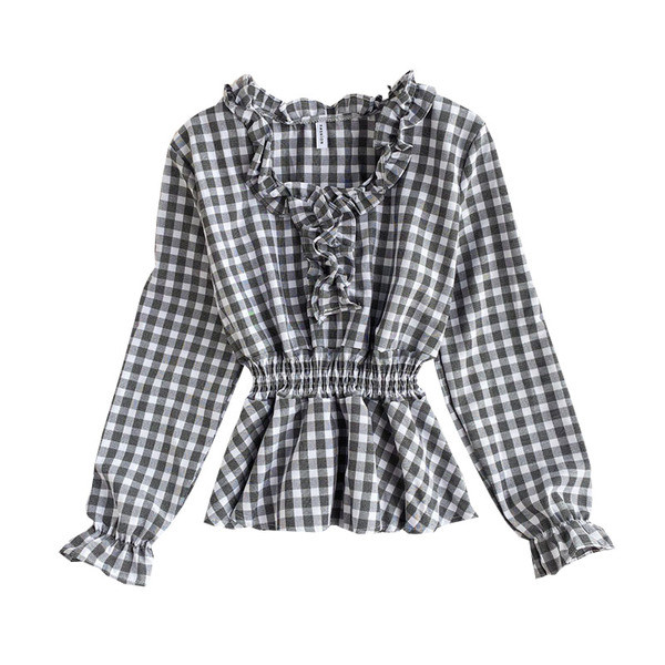 Naiste ruuduline särk elastse vöökoha ja pikkade varrukatega