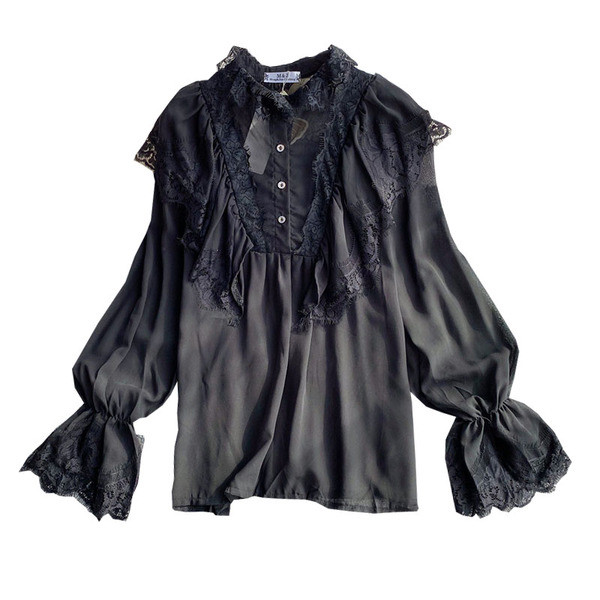 Cămașă de damă cu dantelă, nasturi și mâneci lungi