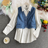 Sieviešu ikdienas krekls ar garām piedurknēm un džinsa vesti