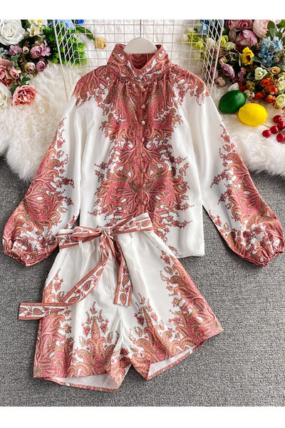 Lezser női kétrészes szett magas derékkal és hosszú ujjú inggel