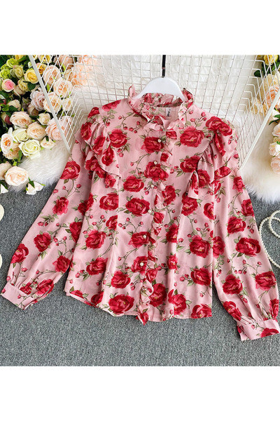 Lillemustri ja pikkade varrukatega naiste moodne särk