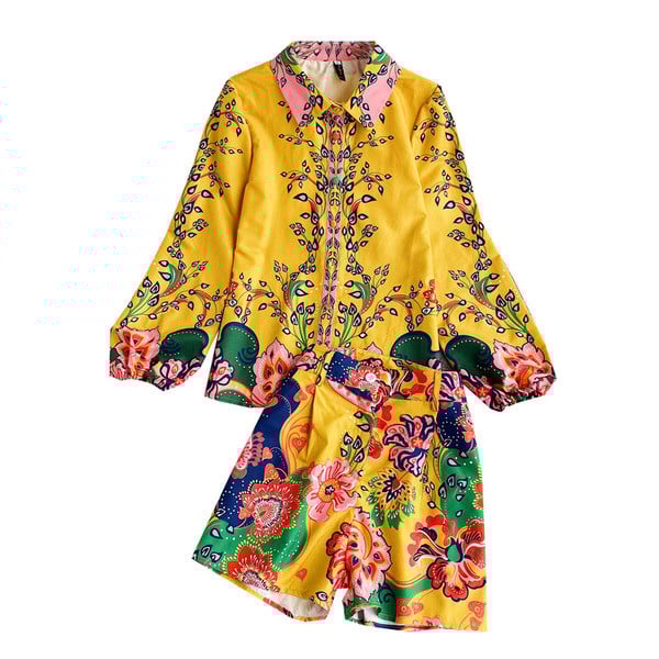 Modern női szett klasszikus gallérral, sárga színben