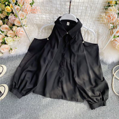 Sieviešu modernais krekls ar atkailinātiem pleciem un klasisku apkakli