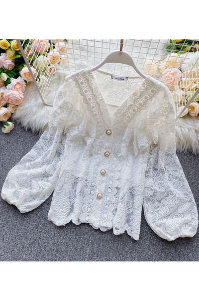 Női csipke ing spitz nyakkivágással és gombokkal
