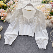 Naiste vabaaja lühike ruudukujulise dekoltee ja pikkade varrukatega särk