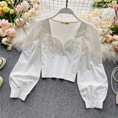 Naiste vabaaja lühike ruudukujulise dekoltee ja pikkade varrukatega särk