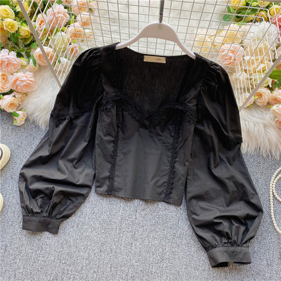 Naiste vabaaja lühike ruudukujulise dekoltee ja pikkade varrukatega särk