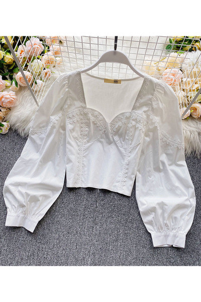 Naiste vabaaja lühike ruudukujulise dekoltee ja pikkade varrukatega särk