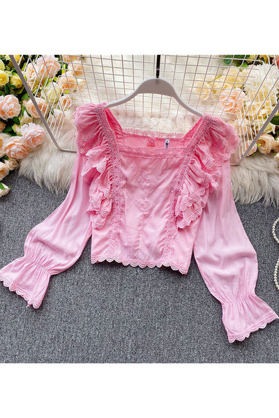 Cămașă casual de damă cu dantelă și decolteu pătrat