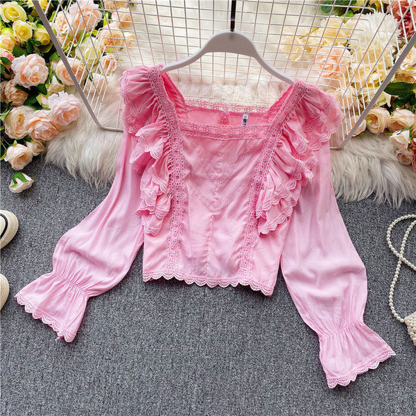 Cămașă casual de damă cu dantelă și decolteu pătrat