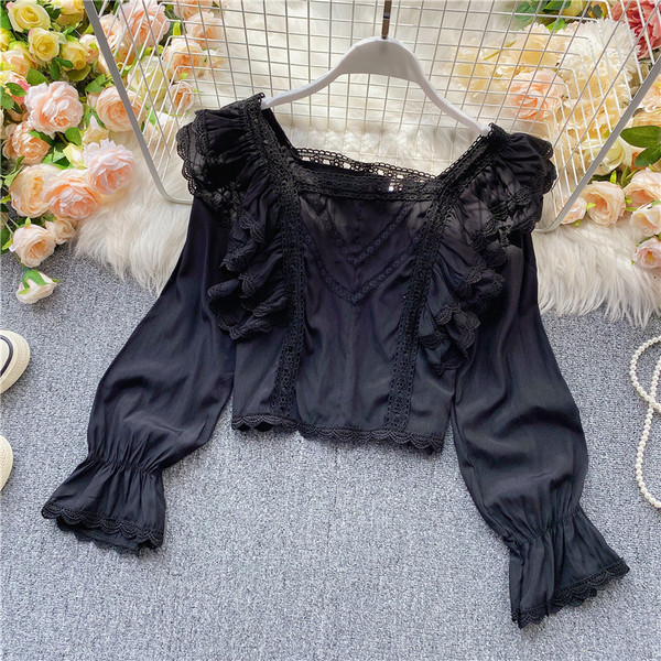 Cămașă casual de damă cu dantelă și decolteu pătrat