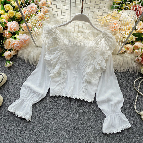 Cămașă casual de damă cu dantelă și decolteu pătrat