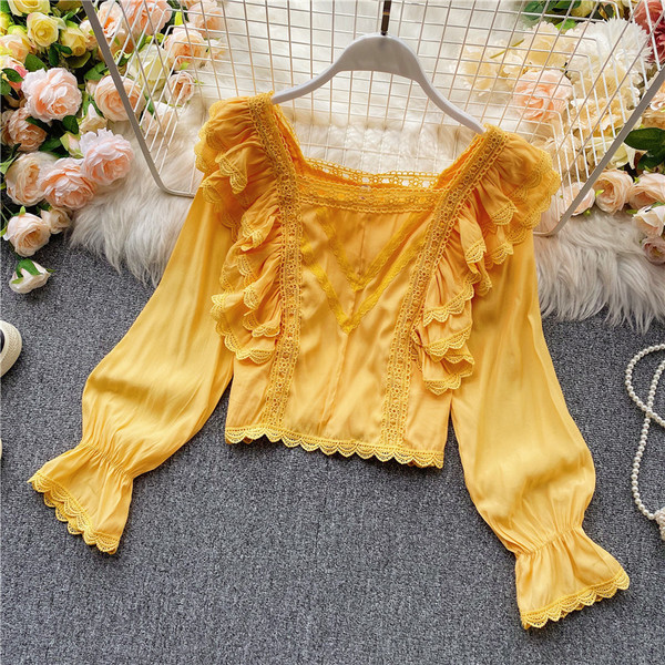 Cămașă casual de damă cu dantelă și decolteu pătrat