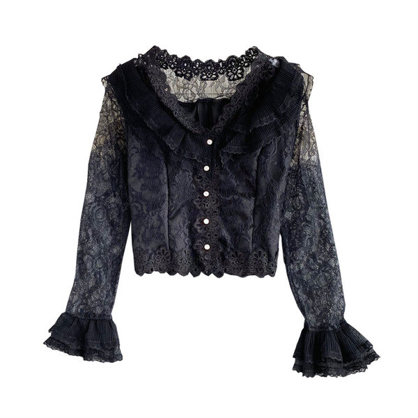 Modern női csipke ing spitz nyakkivágással, fehér és fekete gombokkal