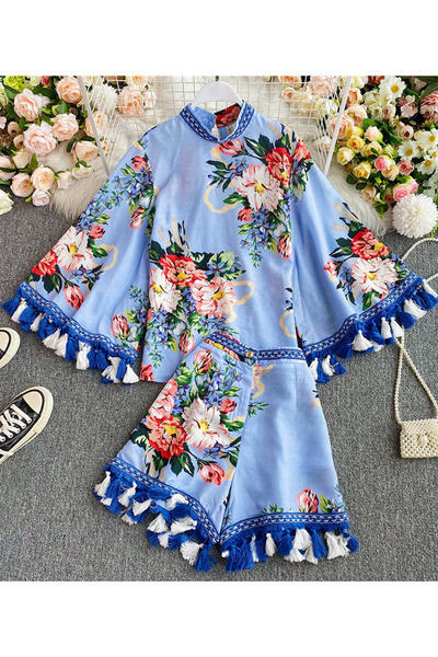 Stiilne naiste lillemustri ja siniste narmastega komplekt